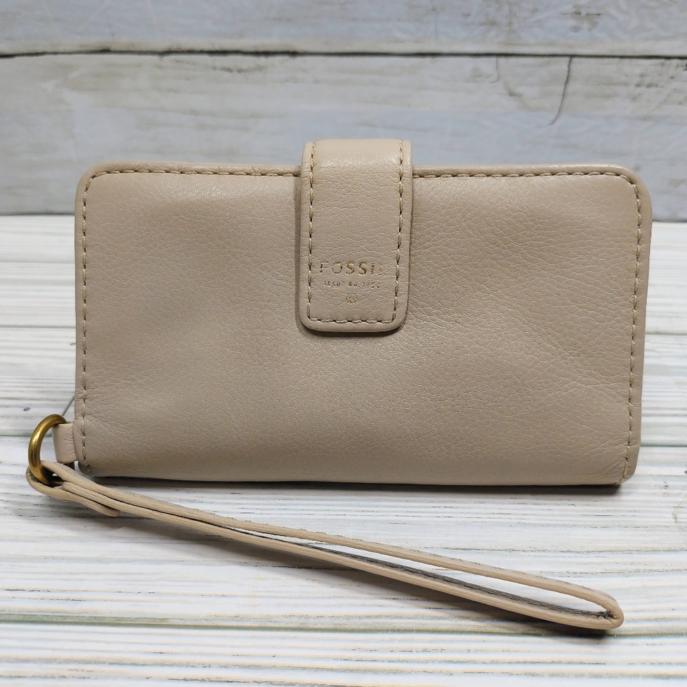 Fossil Madison Slim Snap Flap Cream Leather Card Slot Zip Pocket Clutch Wristlet